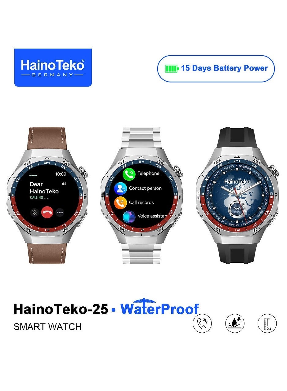 Haino Teko-25 Waterproof Smartwatch with AMOLED Display 3 Interchangeable Straps Voice Assistance and Charging Cable Designed for Men Silver